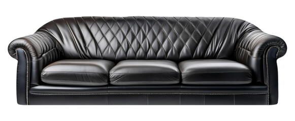 Black Leather Sofa with Diamond Pattern Upholstery Isolated on Transparent Background