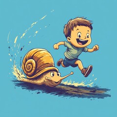 Sticker - A joyful child running alongside a giant snail.