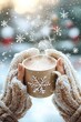 © spyrakot - Cozy Winter Scene with Hands Holding Hot Chocolate in Snowy Outdoor Setting for Christmas Posters