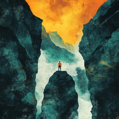 Canvas Print - A lone figure stands on a rock amidst dramatic cliffs.