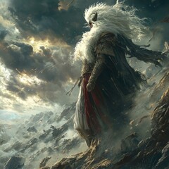 Poster - A majestic figure stands atop a rocky landscape, surrounded by dramatic clouds.