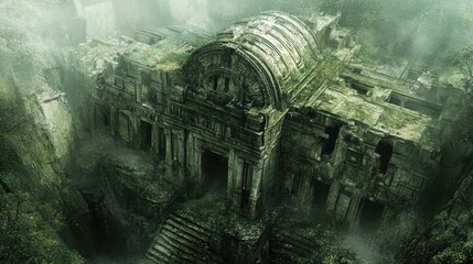 Poster - Overgrown Ancient Temple Ruins in a Foggy Jungle