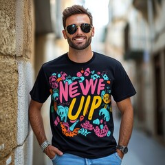 Sticker - A man in a colorful graphic t-shirt smiling outdoors.