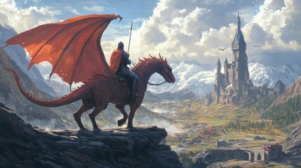 Poster - A Knight Riding a Red Dragon Towards a Majestic Castle in a Mountainous Landscape