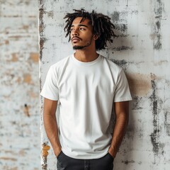 Sticker - A man in a white t-shirt poses against a textured wall.