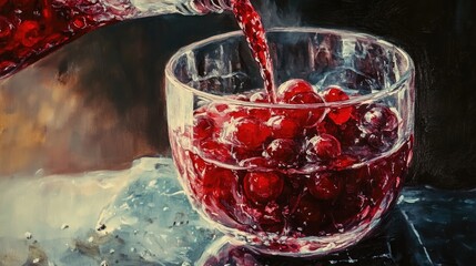 Oil painting depicting a glass filled with red berry compote being poured