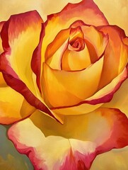 Wall Mural - Close up of an oil painting featuring a yellow rose with striking red edges