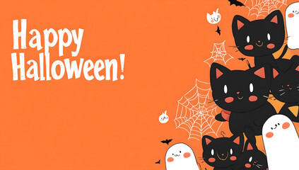 A cute black cat banner with the words Happy Halloween! on orange background