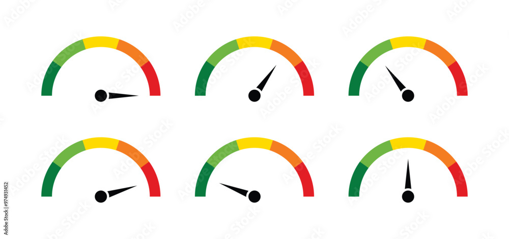 Speedometer icons with arrow. Dashboard with green, yellow and red ...