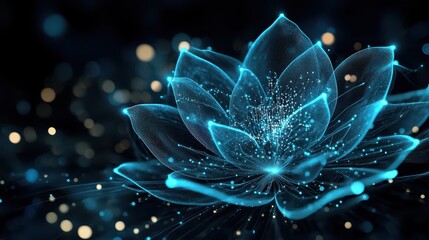 Wall Mural - An abstract digital flower with neon blue circuits, surrounded by bokeh lights and dark background evoking the future of IT and data flow