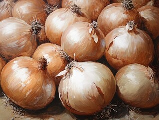 Wall Mural - Oil painting depicting a grouping of onions showcasing their natural colors and textures