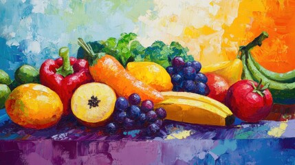 Canvas Print - Vibrant oil painting featuring a colorful assortment of fruits and vegetables on a bright background