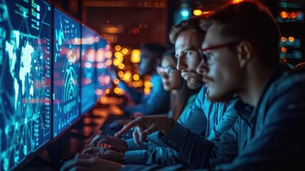 Team of IT professionals working on multiple computer screens in a dark room, analyzing data and monitoring network security.