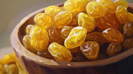 Wall Mural - Oil painting of shiny golden raisins in a wooden bowl on a white background close up view