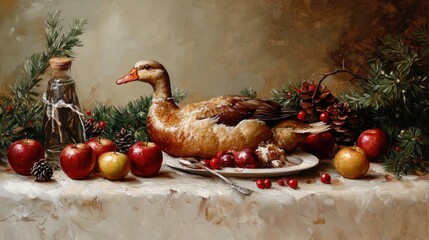 Oil painting depicting a festive duck prepared with apples on a light colored table adorned with seasonal decorations