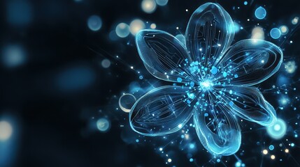 Wall Mural - An abstract flower with glowing blue circuits on a dark background, blending with bokeh lights to symbolize futuristic technology and networks