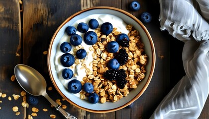 Delicious blueberry and granola breakfast bowl topped with creamy yogurt in enticing close-up perspective