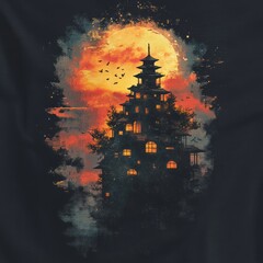 Canvas Print - A mystical pagoda silhouetted against a vibrant sunset.