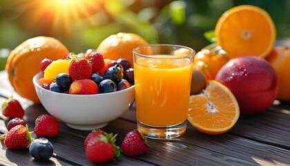 Wall Mural - Vibrant fruit medley with refreshing orange juice on a sunlit outdoor table