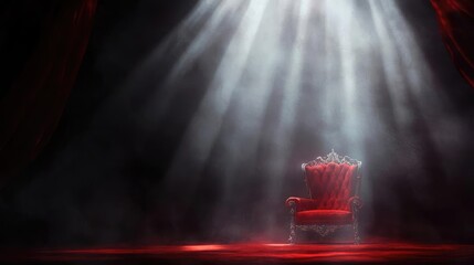 an elegant red throne illuminated by dramatic lighting and surrounded by mist, creating a captivatin