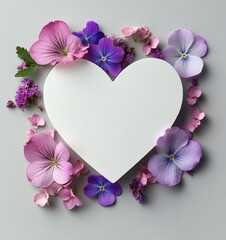 Wall Mural - A white heart shape surrounded by pink and purple flowers on a gray background.