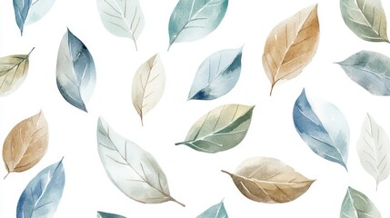 Wall Mural - Beautiful watercolor leaves in shades of green, blue, light brown, and gray, arranged in a seamless pattern on a white background