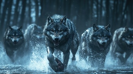 Sticker - A pack of wolves running through a misty forest, led by a dominant wolf with a determined look.