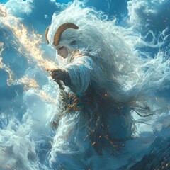 Canvas Print - A mythical figure wielding fire amidst clouds.