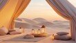 © Premium_art - Luxury camping tent with comfortable bedding in serene desert at sunset.