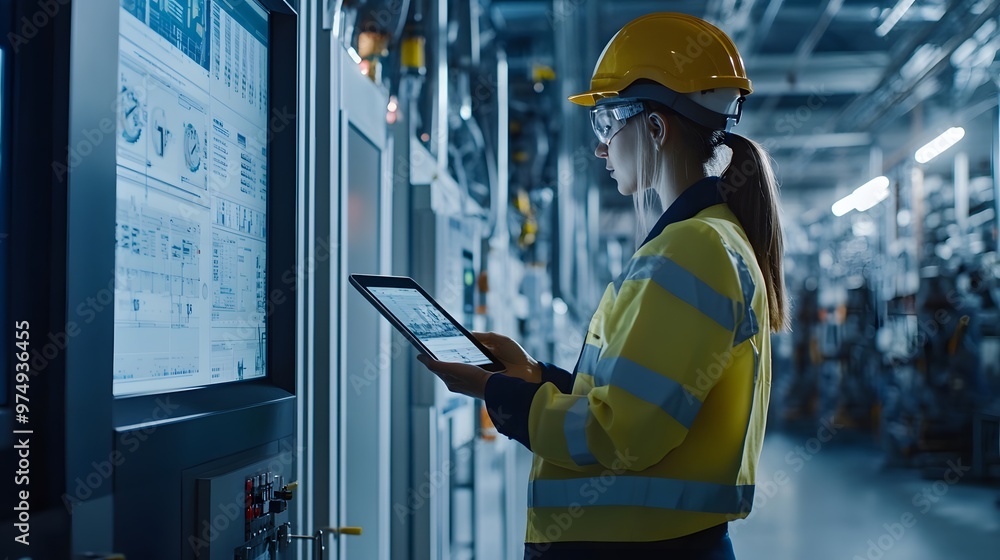 Quality Control Monitor Worker using a tablet to monitor production quality from a control room ...