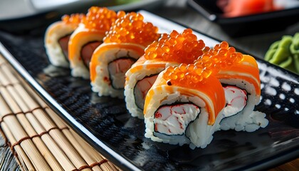 Vibrant close-up of sushi rolls topped with tobiko and crab meat elegantly presented on a black plate with a bamboo mat backdrop