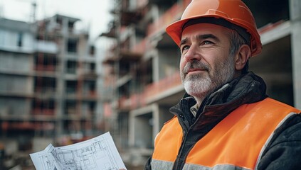 Wall Mural - Construction worker looking at blueprints with a thoughtful expression on his face.