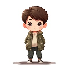 Wall Mural - Cute chibi boy character with brown hair wearing a green jacket and white shirt. Illustration for children's books, stickers, and social media.