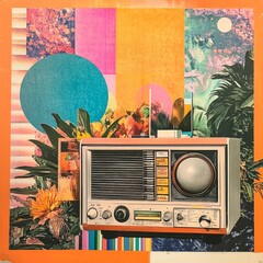 Wall Mural - A retro radio amidst vibrant abstract patterns and foliage.