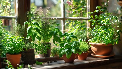 Sunny indoor herb garden featuring fresh basil, thyme, and various plants thriving on a bright windowsill