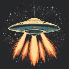 Sticker - A retro-style UFO emitting beams in a starry space.