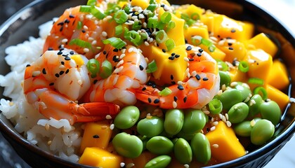 Wall Mural - Colorful shrimp poke bowl featuring mango, avocado, edamame, and rice, topped with sesame seeds and scallions