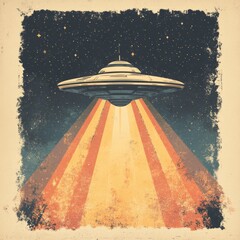 Sticker - A retro-style UFO emitting light beams in space.