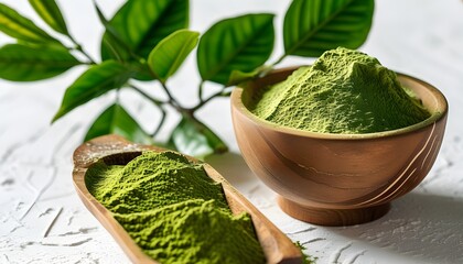 Wall Mural - Vibrant green matcha powder in wooden bowl surrounded by fresh coconut pieces and lush green leaves on a textured white backdrop