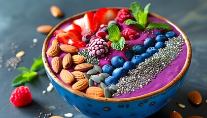 Wall Mural - Colorful smoothie bowl topped with fresh berries, almonds, chia seeds, and mint in a stylish blue ceramic bowl