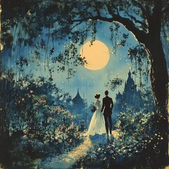 Poster - A romantic couple under a full moon in a lush garden.