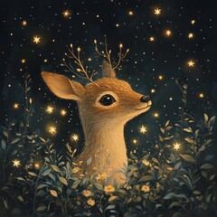 Sticker - A serene deer amidst a starry night and lush foliage.