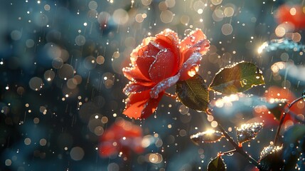 Wall Mural - Red Rose in the Rain: A Close-Up Photography