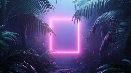 Canvas Print - A  glowing pink neon frame  in  a dark tropical  forest