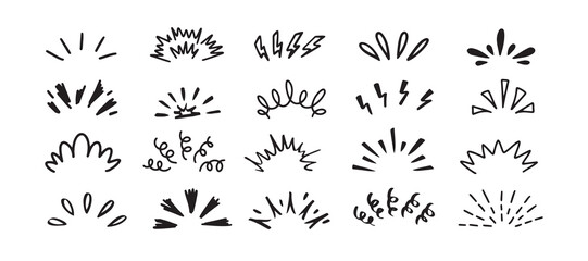 pop shine line doodle set. sunburst drawing hand drawn elements