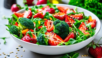 Vibrant vegetable and fruit salad featuring strawberries, broccoli, bell peppers, and sesame seeds in a pristine white bowl