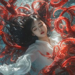 Wall Mural - A serene figure submerged among vibrant red octopuses.