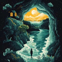 Poster - A serene landscape featuring a river and a cave view.