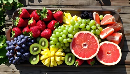 Wall Mural - Vibrant fruit platter featuring strawberries, kiwi, grapefruit, and pineapple on a rustic outdoor wooden table