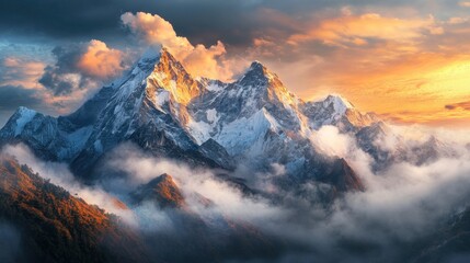 Wall Mural - Majestic Mountain Peak Bathed in Golden Sunset Light